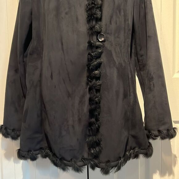 Jones New York Black Faux Suede‎ Real Rabbit Fur Trim Hooded Coat Size S - Picture 4 of 15